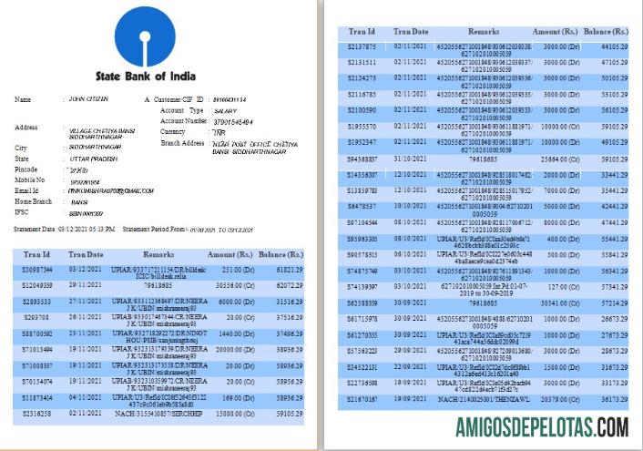 Modelo de extrato bancário em branco do India State Bank Of India, formato Word e PDF, 6 páginas